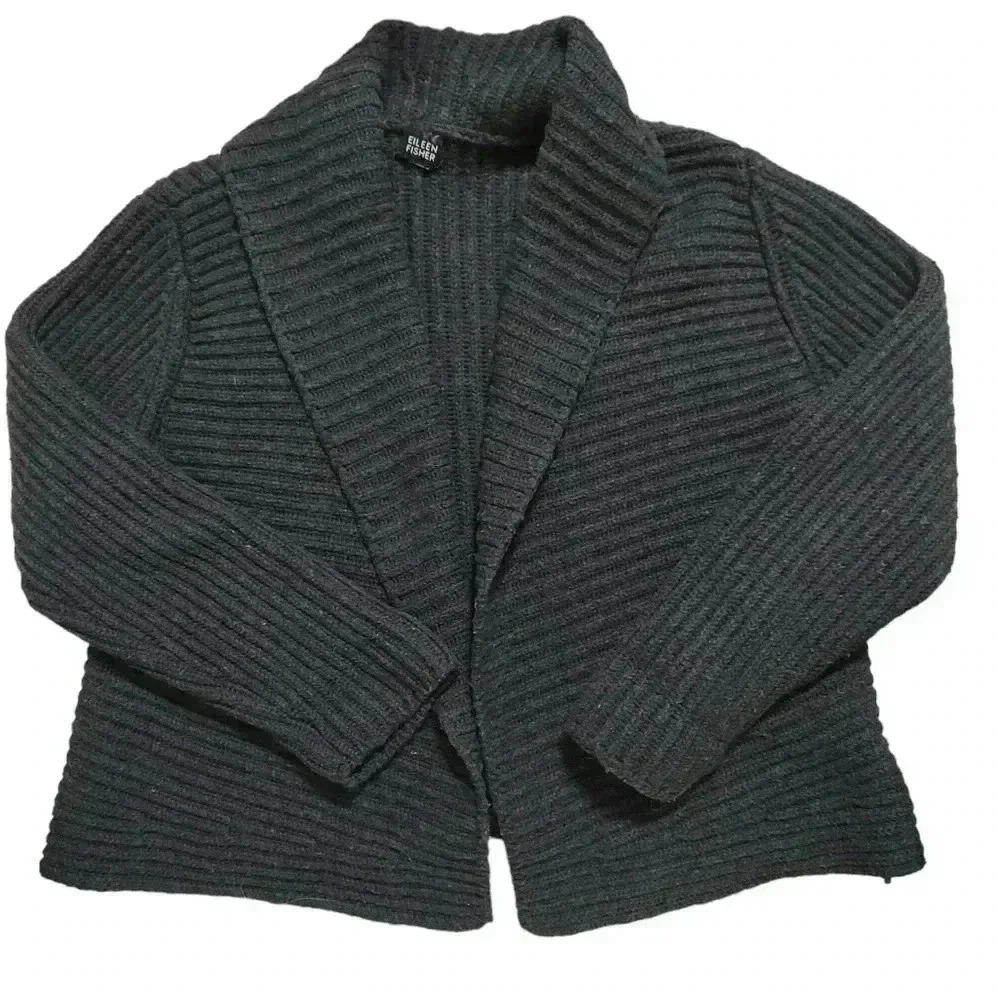 Eileen Fisher chunky ribbed Merino wool open front cardigan